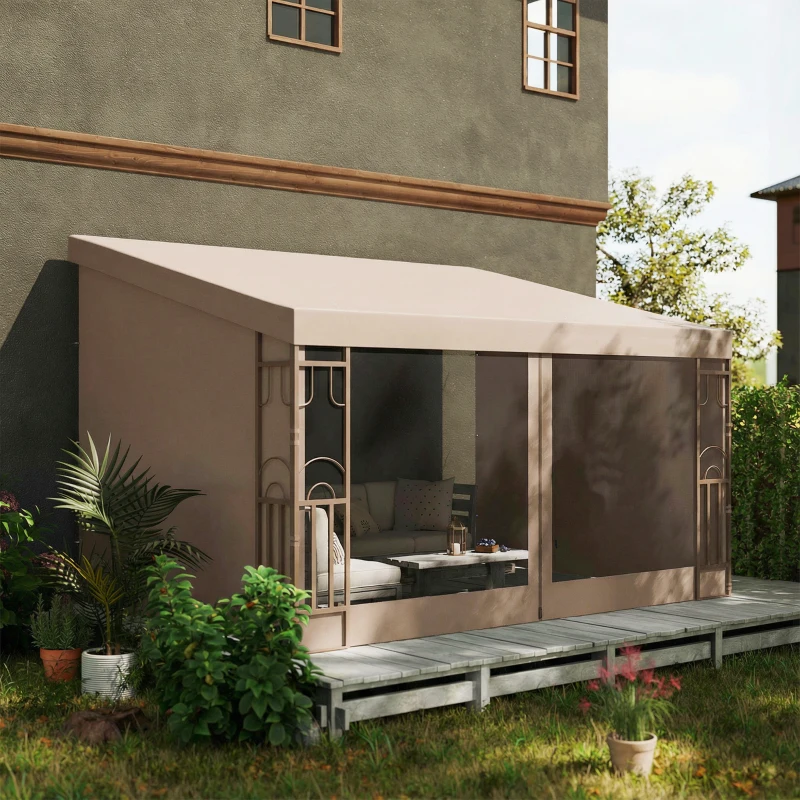 Outsunny 10' x 13' Wall Pergola, Outdoor Gazebo with 2 Curtains and 2 Nettings, UV Resistant, for Patio, Deck, Khaki