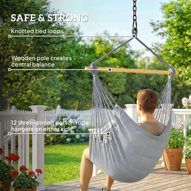 Outsunny Hammock Chair Swing Hanging Macrame Chair w/ Two Soft Seat Cushions, Grey