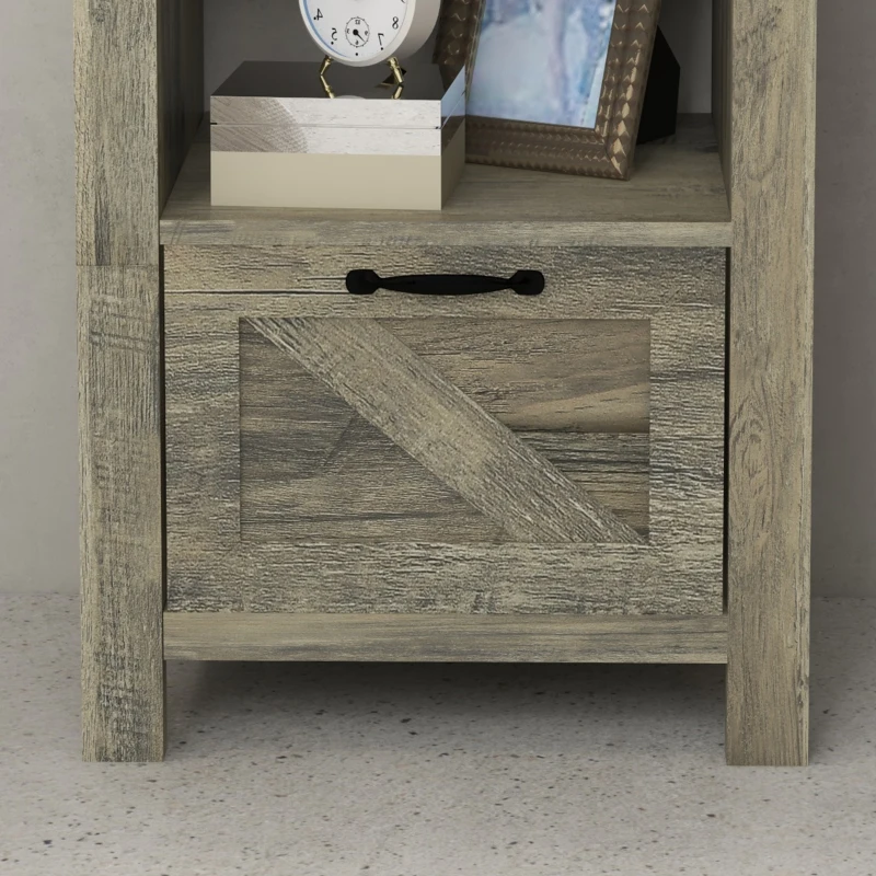HOMCOM Small Side Table with Storage, Farmhouse End Table with Drawer, Open Shelf and Barn-style Panel, Nightstand for Living Room, Bedroom, Grey