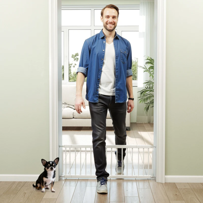 PawHut 26"-37" Dog Gate, Adjustable Pet Gate, Fits 14" Tall with 2 Extension, Pressure Mount Kit for Stairs and Doorways, White