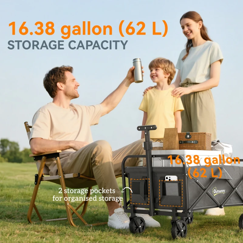 Outsunny Collapsible Folding Garden Cart, Heavy Duty Lawn Wagon with Universal Wheels and Adjustable Handle, Grey