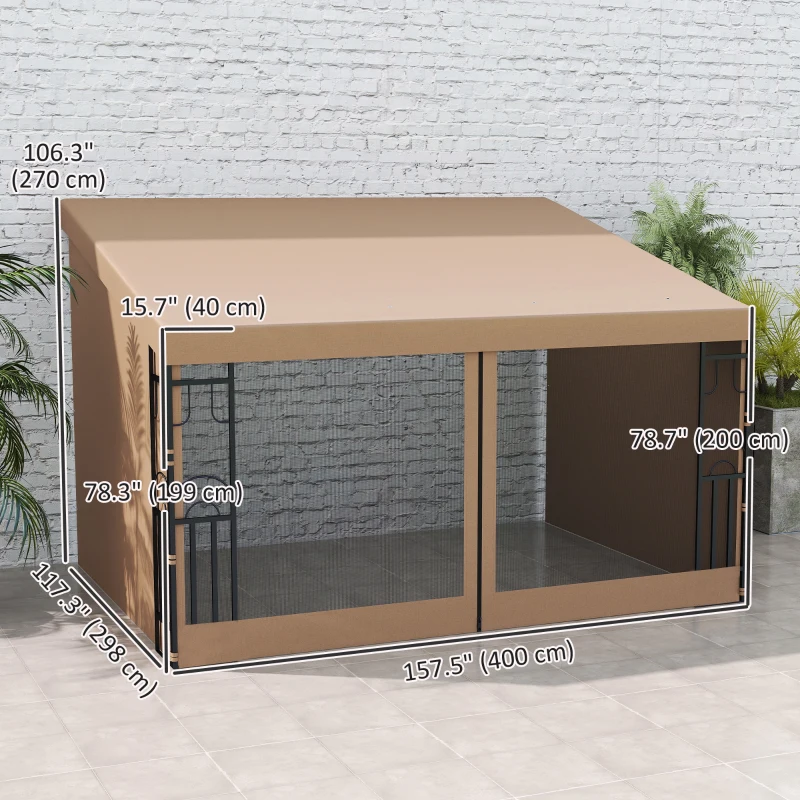 Outsunny 10' x 13' Wall Pergola, Outdoor Gazebo with 2 Curtains and 2 Nettings, UV Resistant, for Patio, Deck, Khaki