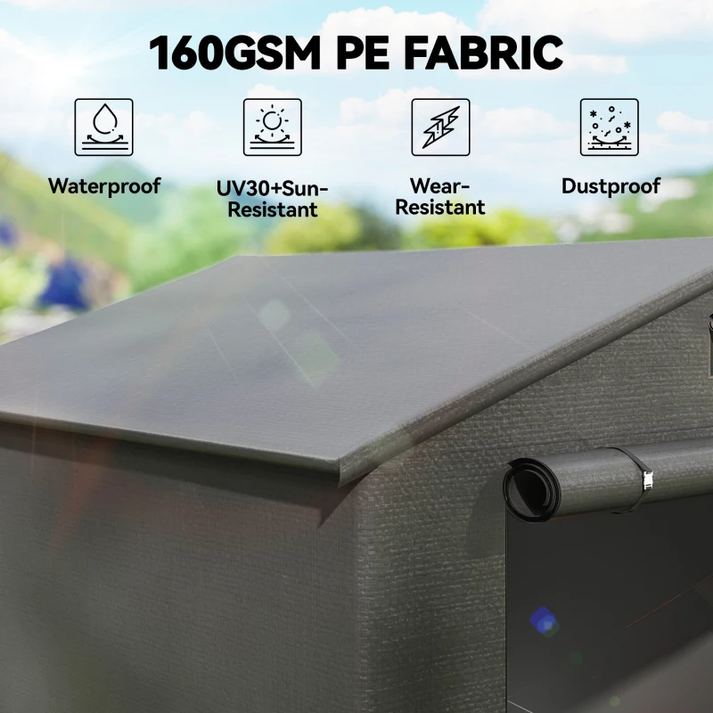 Outsunny 8' x 6' Portable Shed, Waterproof Bike Tent with Roll-up Zipper Door, Vent and Galvanised Metal Frame, Dark Grey