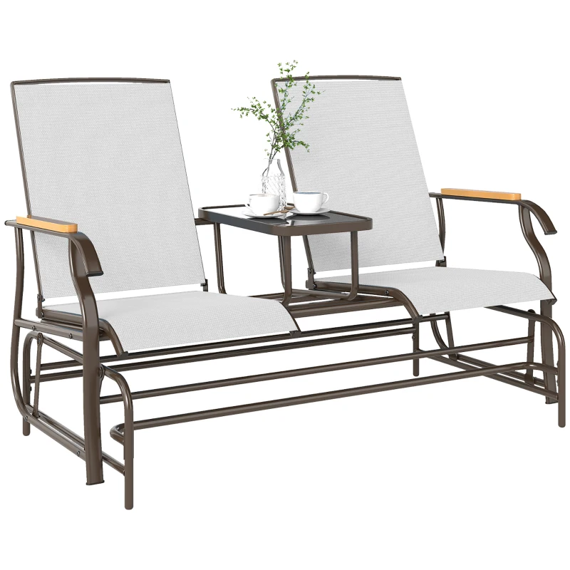 Outsunny Outdoor 2-Person Glider Bench, Outside Glider Swing Chair Loveseat with Table, Steel Frame, Cream White