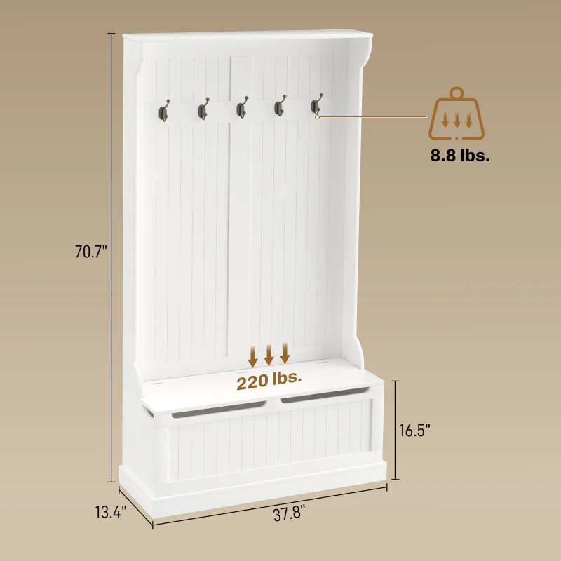 HOMCOM 3-In-1 Entryway Bench with Coat Rack, Hall Tree with Bench and Shoe Storage, 5 Hooks for Hallway Cream White