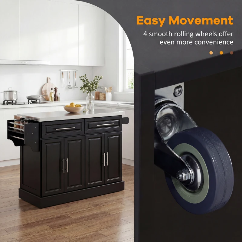 HOMCOM Rolling Kitchen Island with Storage and Stainless Steel Top, Kitchen Trolley with Drawers, Cabinets, Towel Rack