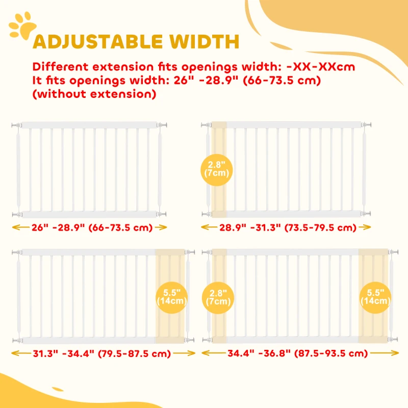 PawHut 26"-37" Dog Gate, Adjustable Pet Gate, Fits 18" Tall with 2 Extension, Pressure Mount Kit for Stairs and Doorways, White