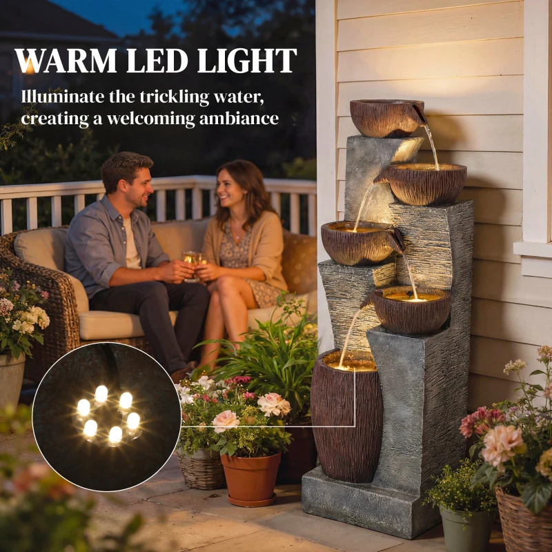 Outsunny Outdoor Water Fountain with 5-Tier Crock Design, 51.2" Tall Cascading Waterfall Garden Fountain with LED Lights