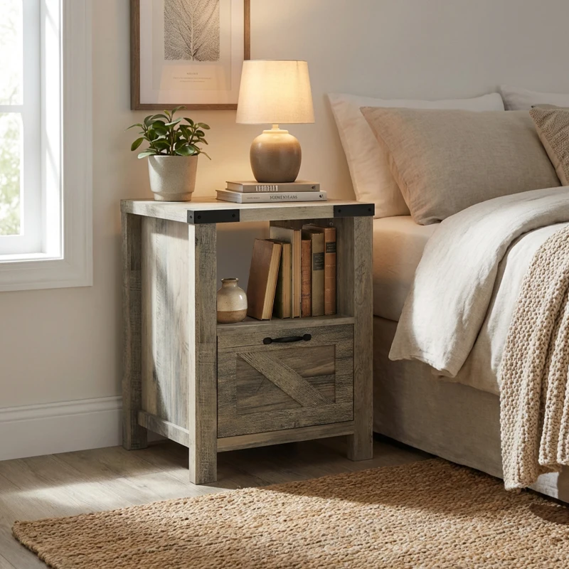 HOMCOM Small Side Table with Storage, Farmhouse End Table with Drawer, Open Shelf and Barn-style Panel, Nightstand for Living Room, Bedroom, Grey