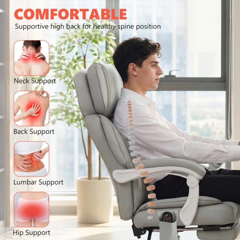 HOMCOM High Back Vibration Massage Office Chair Heated Reclining Computer Chair w/ Footrest, Swivel Wheels, Remote, Light Gray