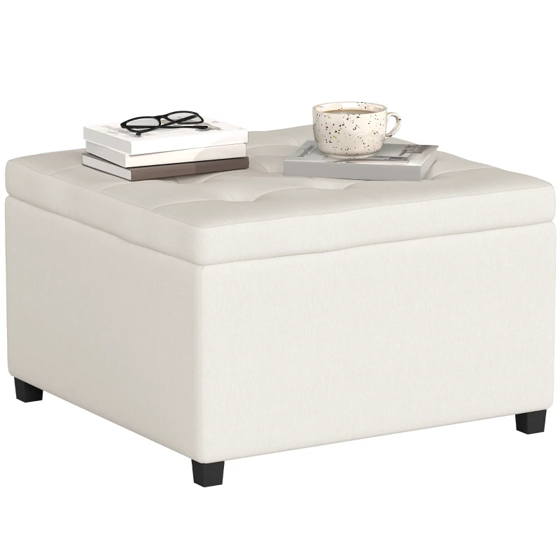 HOMCOM Round Storage Ottoman Bench, Button Tufted Ottoman with Flip Top for Living Room, Entryway and Bedroom, Beige