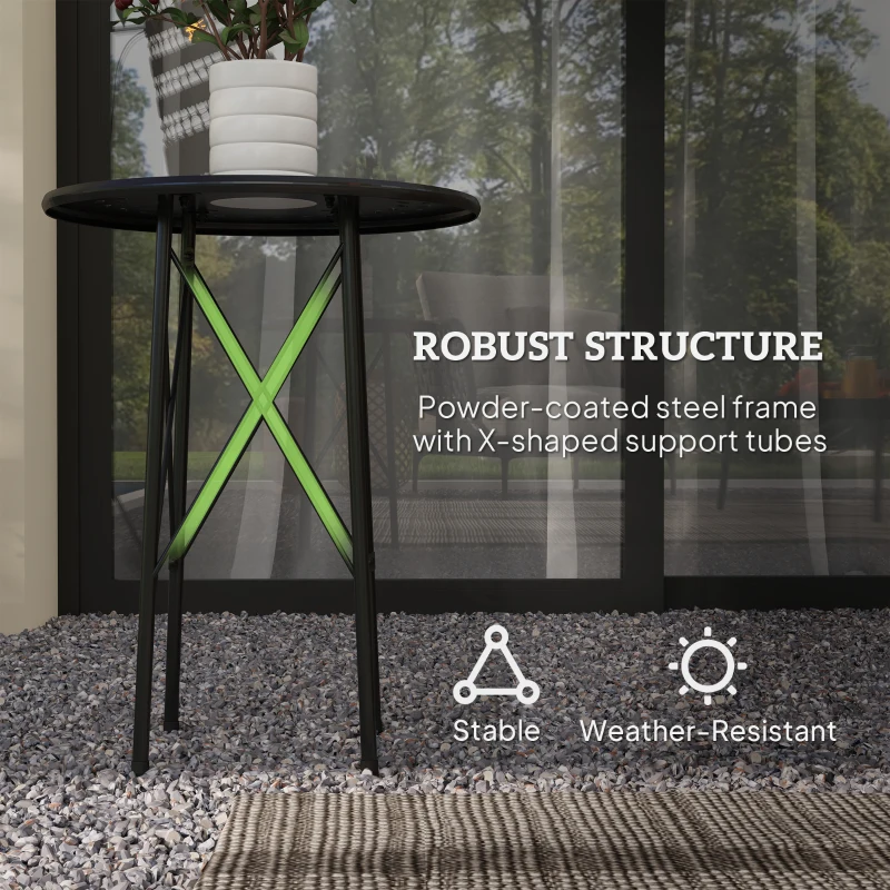 Outsunny 15.7" Round Garden Table with Floral Cut-Out, Steel Balcony Side Bistro Coffee Table with Adjustable Feet, Black