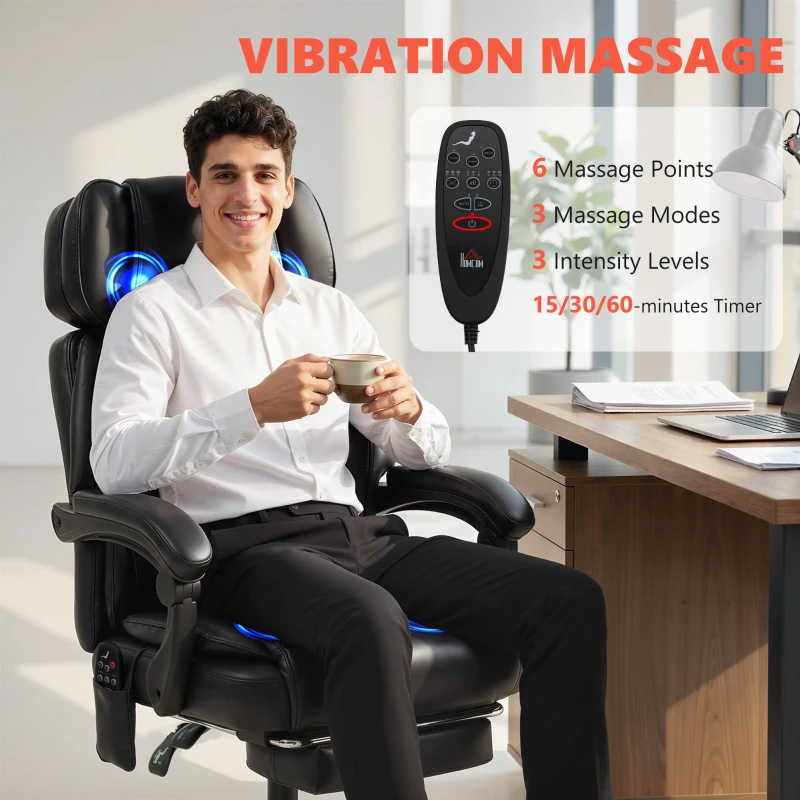 HOMCOM High Back Vibration Massage Office Chair Heated Reclining Computer Chair w/ Footrest, Swivel Wheels, Remote, Black