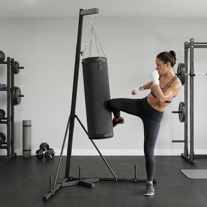 Soozier Punching Bag with Stand for Adults, 72.8"-90.9" Height Adjustable Freestanding Boxing Stand with Canvas Sandbag, Black