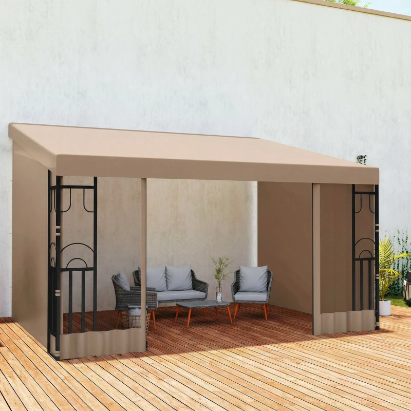 Outsunny 10' x 13' Wall Pergola, Outdoor Gazebo with 2 Curtains and 2 Nettings, UV Resistant, for Patio, Deck, Khaki