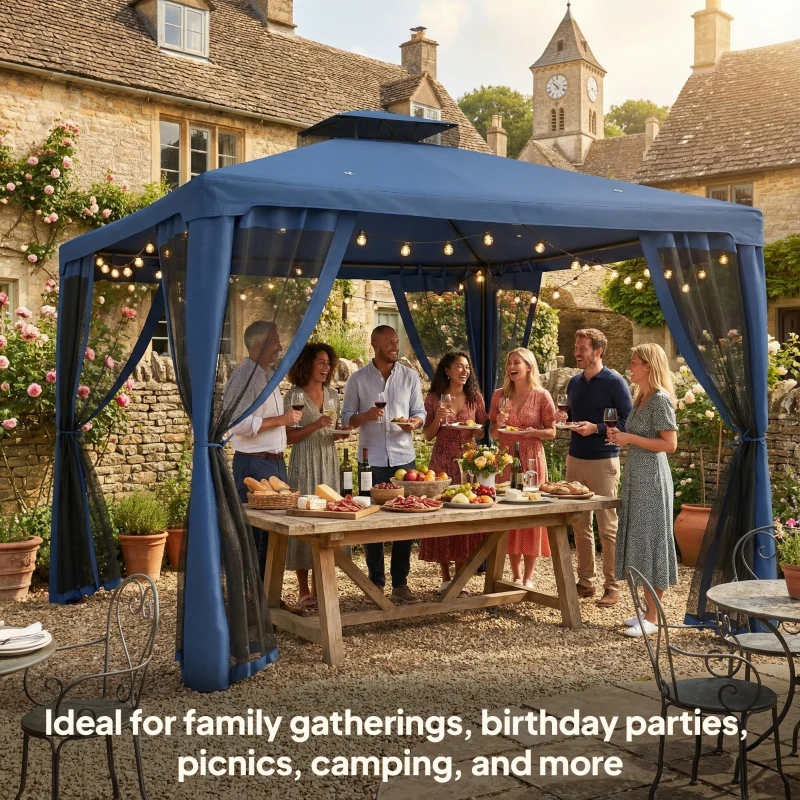 Outsunny 9.6' x 9.6' Patio Gazebo Outdoor Pavilion 2 Tire Roof Canopy Shelter Garden, Steel Frame w/ Mosquito Netting, Dark Blue