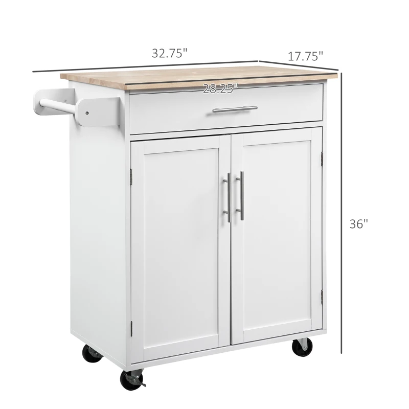 HOMCOM Kitchen Island Cart, Rolling Island Table with Solid Wood Top, Trolley Cart with Drawer, Storage Cabinet & Towel Rack, White