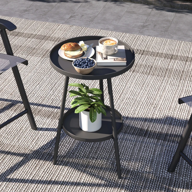 Outsunny Round Garden Table, 2-Tier Small Side Table, Metal Patio Table Coffee Table Dining Table, Black