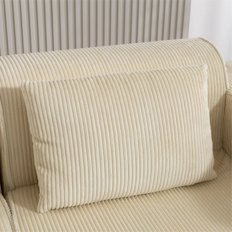 HOMCOM Boneless Couch, Corduroy 3 Seater Sofa with Deep Seat, Wide Armrests, 2 Pillows, Quick Assembly for Living Room, Beige