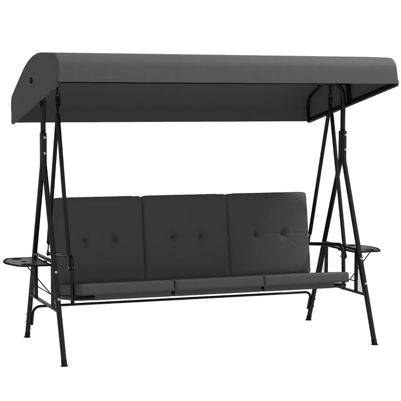 Outsunny 3-Seat Outdoor Porch Swing Patio Swing with Adjustable Canopy, Side Tray, Removable Cushion for Garden, Poolside, Grey
