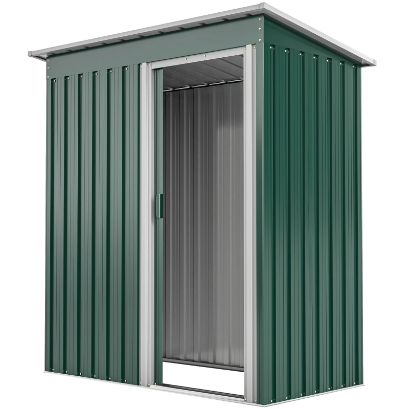 Outsunny 5 x 3 FT Outdoor Storage Shed with Sliding Door and Sloped Roof, Steel Frame Garden Shed Tool Equipment, Green