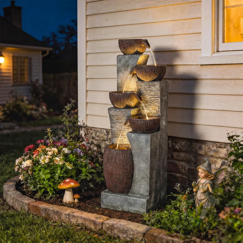 Outsunny Outdoor Water Fountain with 5-Tier Crock Design, 51.2" Tall Cascading Waterfall Garden Fountain with LED Lights