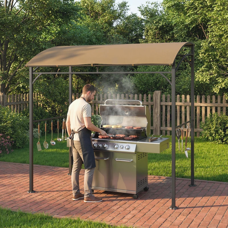 Outsunny 7' x 5' Garden Grill Canopy, BBQ Grill Gazebo Tent with Steel Frame and Hooks, Outdoor Sun Shade, Dark Coffee