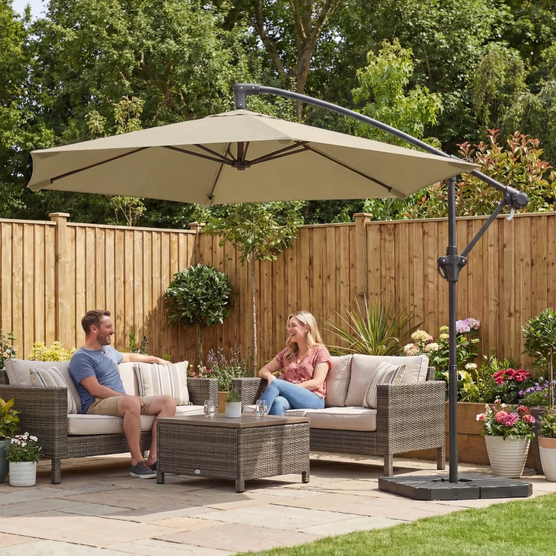 Outsunny 9.7 ft Offset Patio Umbrella with Water/Sand Fillable Weights, Garden Hanging Parasol with Locking Latch, Khaki
