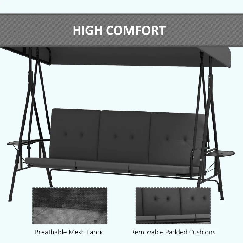 Outsunny 3-Seat Outdoor Porch Swing Patio Swing with Adjustable Canopy, Side Tray, Removable Cushion for Garden, Poolside, Grey