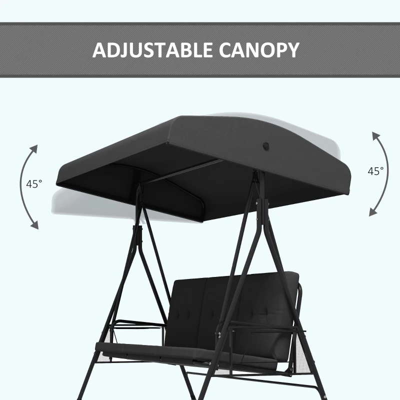 Outsunny 3-Seat Outdoor Porch Swing Patio Swing with Adjustable Canopy, Side Tray, Removable Cushion for Garden, Poolside, Grey