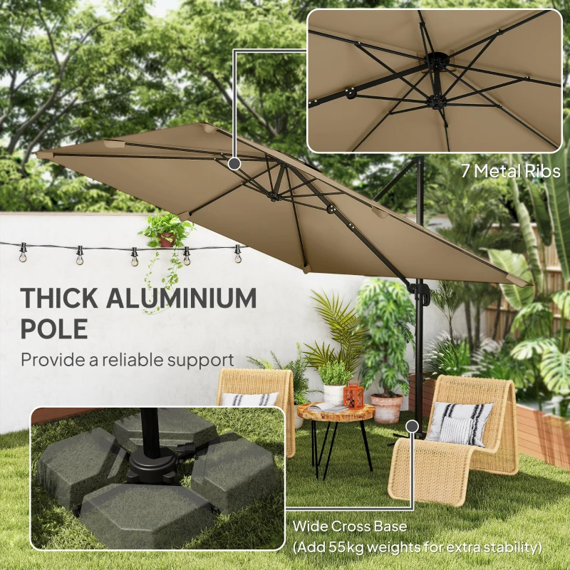 Outsunny 10 FT Cantilever Patio Umbrella, Square Patio Umbrella with Crank Handle, Cross Base and Tilt, 360° Rotation