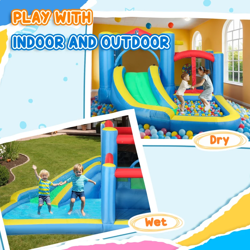 Qaba Inflatable Water Slide Bounce House w/ 550W Blower, Large Trampoline, Splash Pool, Basketball Hoop, Dart Board