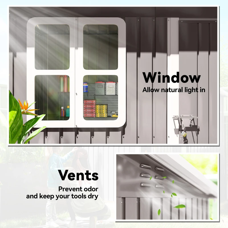 Outsunny 7' x 4' Galvanised Steel Outdoor Storage Shed, Garden Shed with Window, Lockable Wide Door and Air Vents, Warm Grey