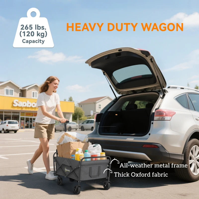 Outsunny Collapsible Folding Garden Cart, Heavy Duty Lawn Wagon with Universal Wheels and Adjustable Handle, Grey