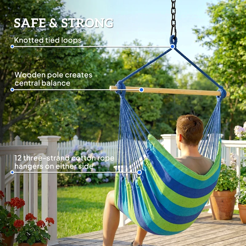 Outsunny Hammock Chair Swing Hanging Macrame Chair w/ Two Soft Seat Cushions, Blue and Green