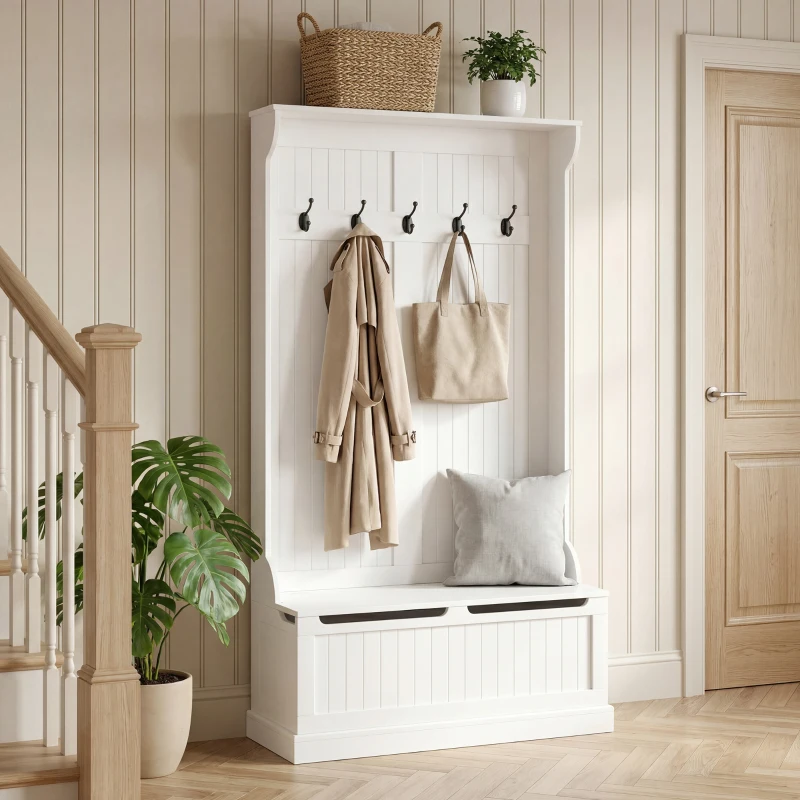 HOMCOM 3-In-1 Entryway Bench with Coat Rack, Hall Tree with Bench and Shoe Storage, 5 Hooks for Hallway Cream White