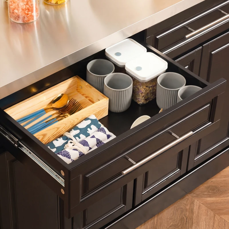 HOMCOM Rolling Kitchen Island with Storage and Stainless Steel Top, Kitchen Trolley with Drawers, Cabinets, Towel Rack