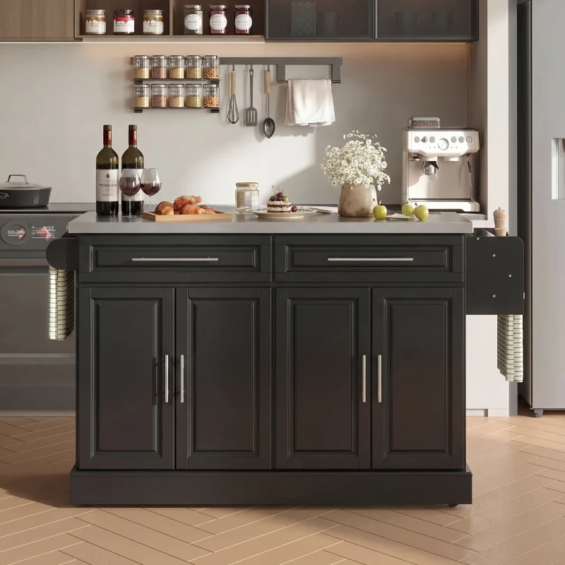 HOMCOM Rolling Kitchen Island with Storage and Stainless Steel Top, Kitchen Trolley with Drawers, Cabinets, Towel Rack