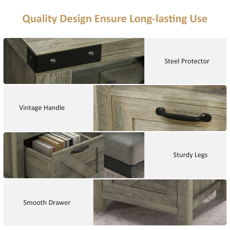 HOMCOM Small Side Table with Storage, Farmhouse End Table with Drawer, Open Shelf and Barn-style Panel, Nightstand for Living Room, Bedroom, Grey