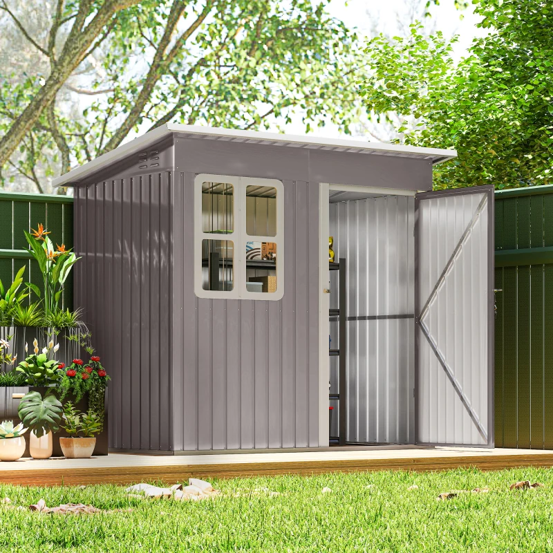 Outsunny 7' x 4' Galvanised Steel Outdoor Storage Shed, Garden Shed with Window, Lockable Wide Door and Air Vents, Warm Grey