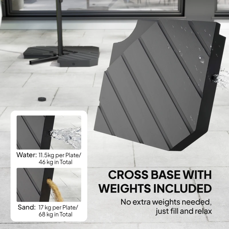 Outsunny 9.7 ft Offset Patio Umbrella with Water/Sand Fillable Weights, Garden Hanging Parasol with Locking Latch, Dark Grey