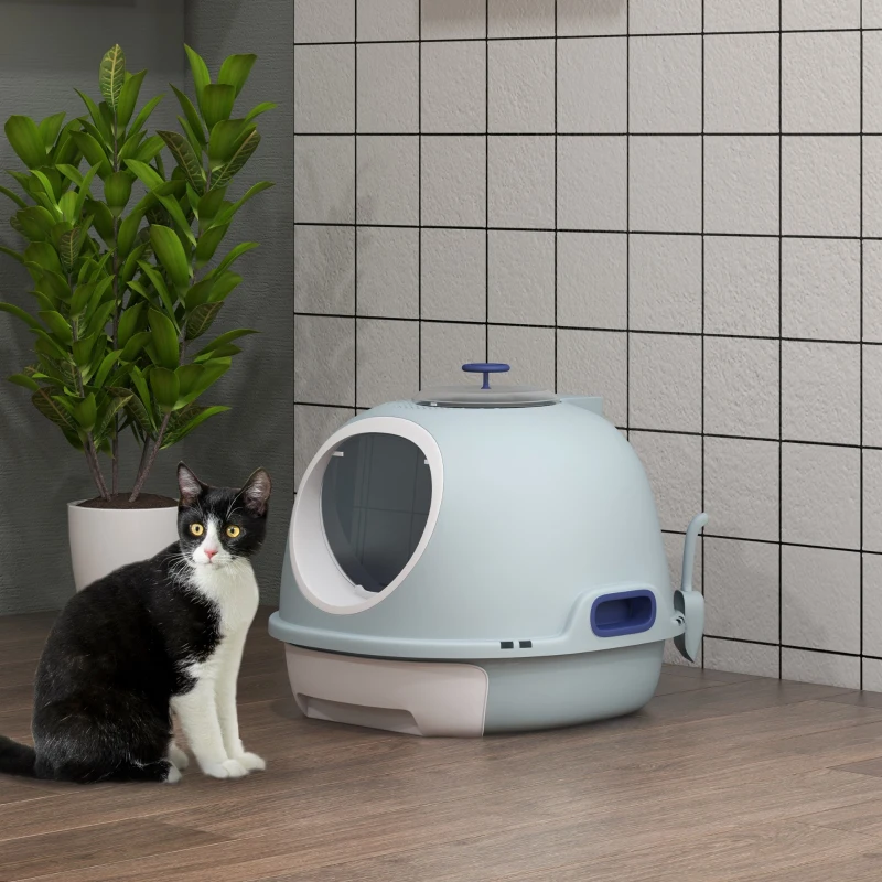 PawHut Cat Litter Box Toilet with Lid, Covered Litter Box with Scoop, Enclosed Drawer and Skylight, Blue