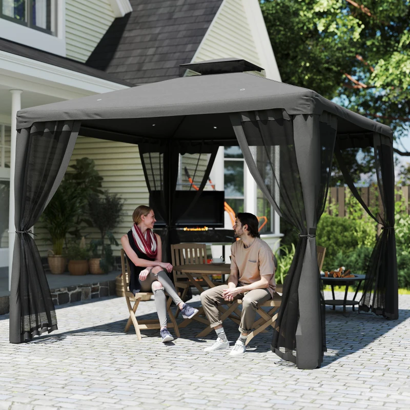 Outsunny 9.6' x 9.6' Patio Gazebo Outdoor Pavilion 2 Tire Roof Canopy Shelter Garden, Steel Frame w/ Mosquito Netting, Dark Grey