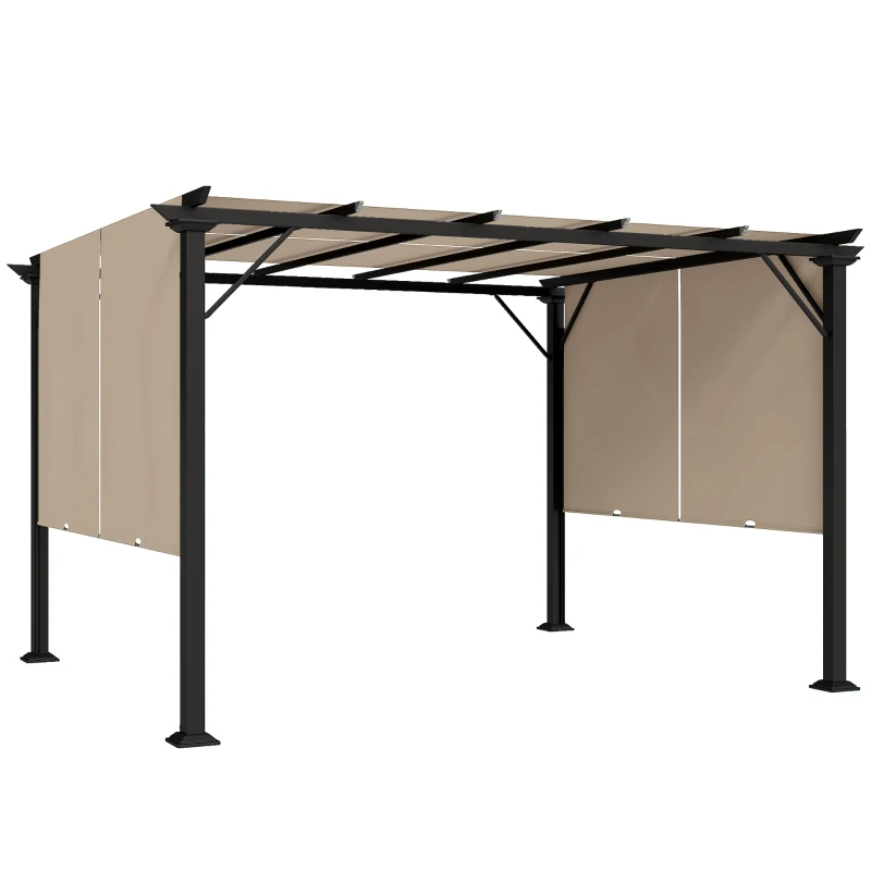 Outsunny 12' x 10' Outdoor Patio Gazebo Pergola with Retractable Canopy Roof, Steel Frame with Stakes, Light Brown