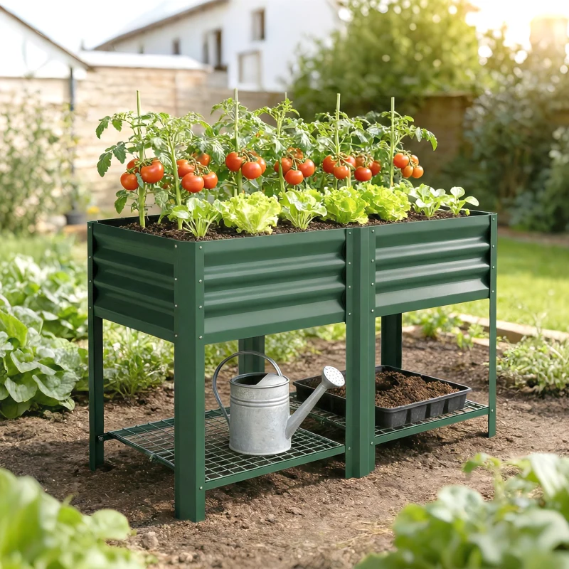 Outsunny Raised Garden Bed Galvanized Steel, Elevated Planter Box with Storage Shelf, Bed Liner, 31.5" High, Green