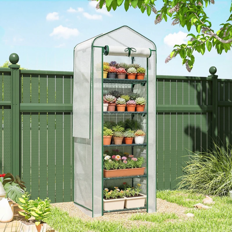 Outsunny Mini Greenhouse with Screen Roof, 5 Tier Portable Small Greenhouse with High Strength PE Cover, White