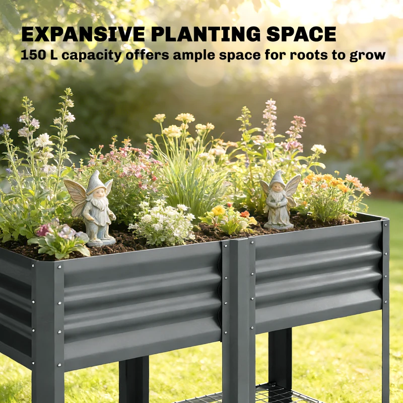 Outsunny Raised Garden Bed Galvanized Steel, Elevated Planter Box with Storage Shelf, Bed Liner, 31.5" High, Dark Gray