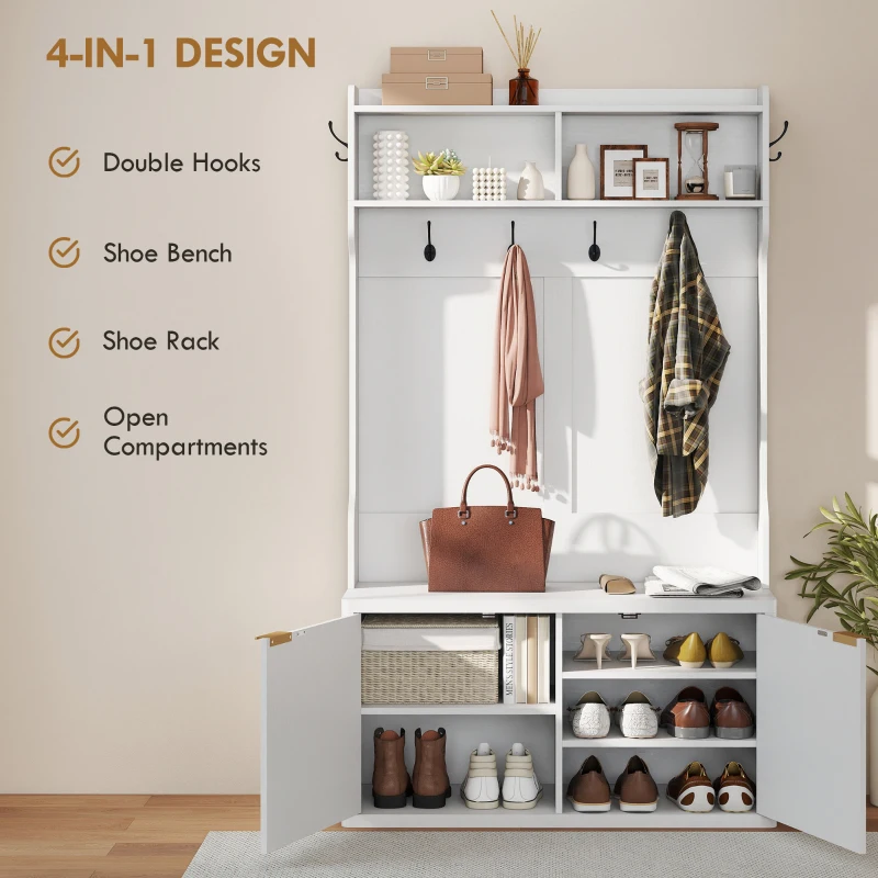 HOMCOM 4-In-1 Hall Tree with Shoe Bench, Modern Coat Rack with Open Shelf for Hallway, Entryway, Bedroom, Living Room, White