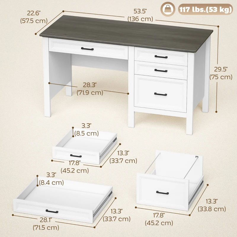 HOMCOM 54" Farmhouse Executive Desk, Computer Desk with Drawers, Adjustable Hanging Rails for for A4/Letter Size Files, White