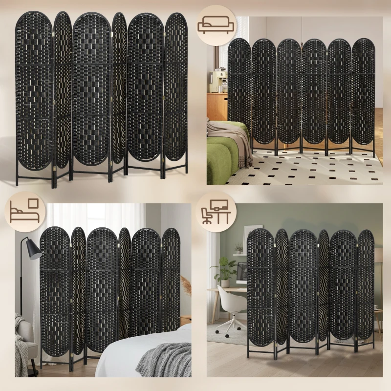 HOMCOM Bohemian Privacy Screen, Folding Room Divider with 6 Panels and Arched Top for Bedroom Living Room Office, Black